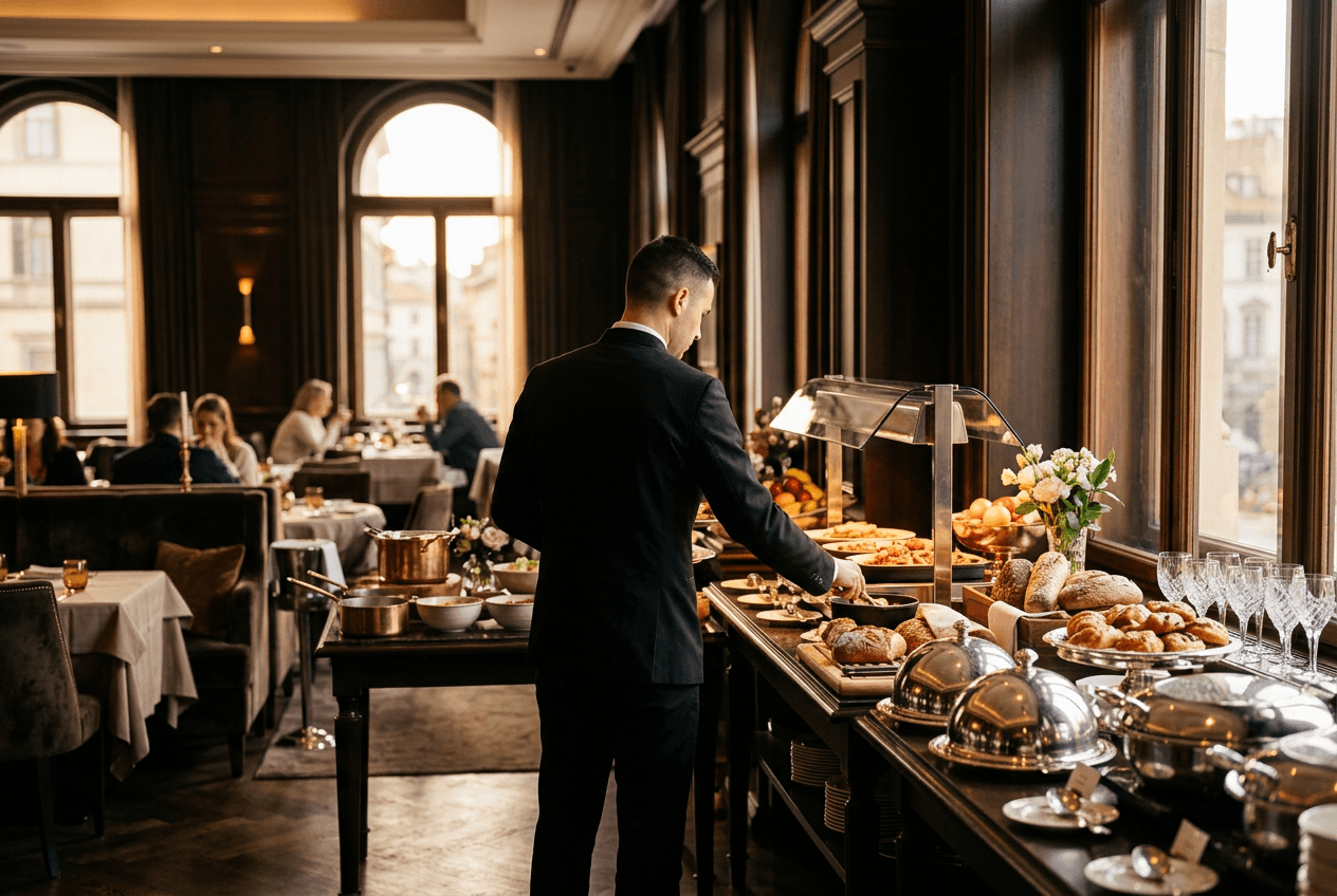 Kelner przy bufecie śniadaniowym w hotelowej restauracji